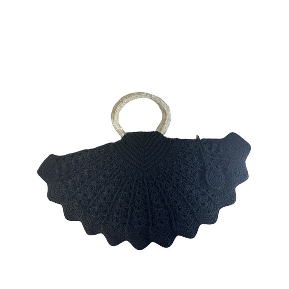 Vintage Crochet Black Fan Purse with Twisted Clear Lucite Handles Holiday Glam - Picture 1 of 15